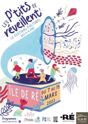 affiche illustrée représentant des enfants qui dansent sur un phonogramme d'où s'échappent des poissons et des notes de musiq