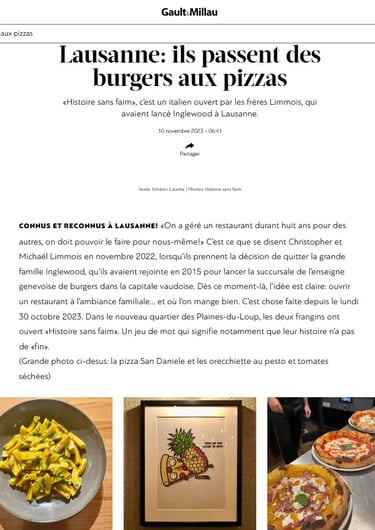 Article Gault & Millau – Histoire Sans Faim, restaurant italien à Lausanne