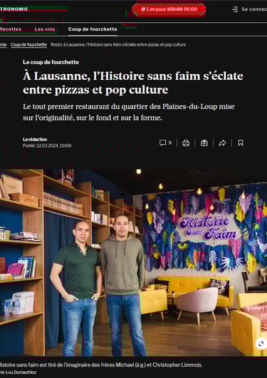 Article du journal 24 Heures sur le restaurant Histoire Sans Faim à Lausanne, mettant en avant l’originalité du lieu et des p
