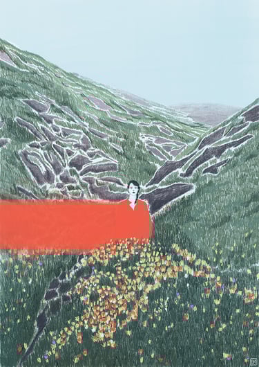 illustration of a woman in a valley with a splash of bright orange emerging from her dress