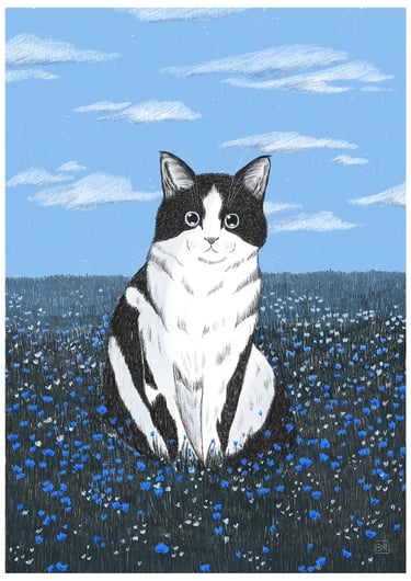 illustration of a tuxedo black and white cat in a field of blue flowers