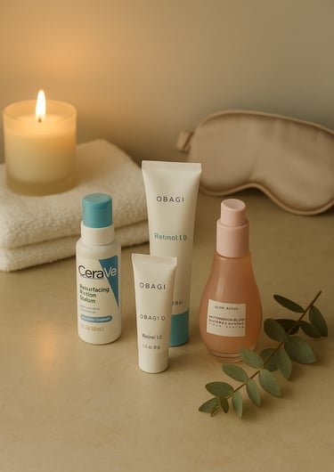 Evening skincare flatlay featuring CeraVe Retinol Serum, Obagi Retinol 0.5 and 1.0, and Glow Recipe