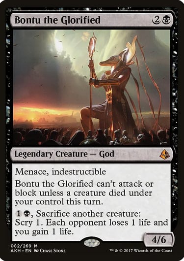 Bontu the Glorified Magic: The Gathering card featuring a crocodile-headed god in a desert sunset.