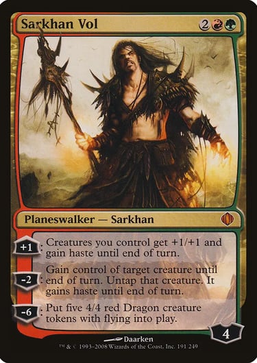 Sarkhan Vol Magic: The Gathering planeswalker card with red and green mana symbols and dragon abilities.