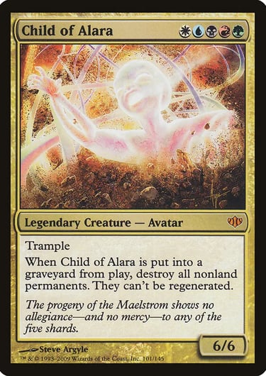 Magic: The Gathering Child of Alara card featuring a glowing five-color legendary creature avatar.