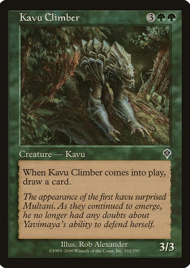 Kavu Climber Magic: The Gathering card featuring a scaly creature climbing a tree in a lush forest.