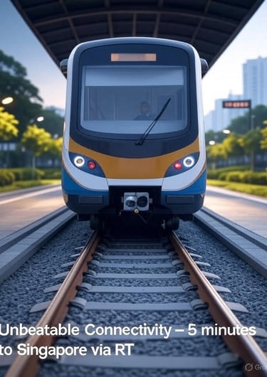 Modern train at a station with the text Unbeatable Connectivity – 5 minutes to Singapore via RTS.