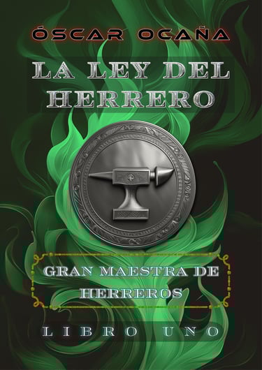 Portada La Ley del Herrero Libro I: Gran Maestra de Herreros, Óscar Ocaña. Yunque plateado y llamas 