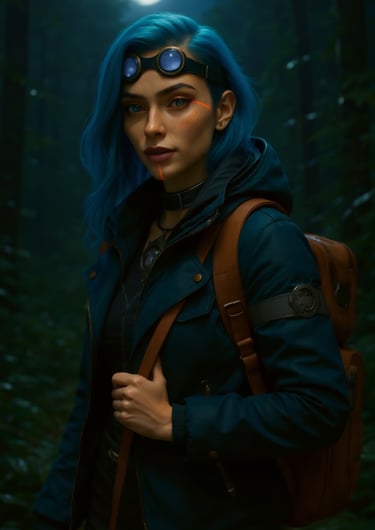 a woman with blue hair and goggles on a dark background