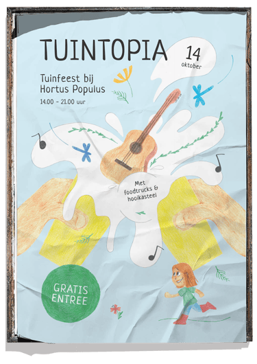 Potloodtekening van proostend bier, gitaar, bloemen en kinderen op festivalposter