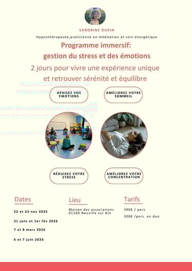 Stage, formation en gestion du stress, Sandrine Dupin hypnothérapeute à Neuville sur Ain
