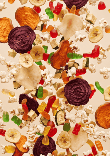 Snacks saludables deshidratados pepino betabel gomitas plátano jicama palomitas
