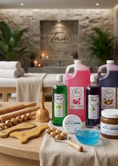 Herramientas profesionales de maderoterapia y productos para masajes en spa