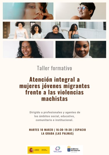 Poster for a workshop on support for young migrant women against gender-based violence in Las Palmas.