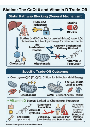 Infographic explaining how statin drugs block HMG-CoA reductase, impacting LDL cholesterol, CoQ10, and Vitamin D levels.