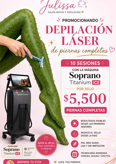 Promoción de depilación láser Soprano Titanium ICE para piernas completas en Julissa Salón Botox y Depilación.