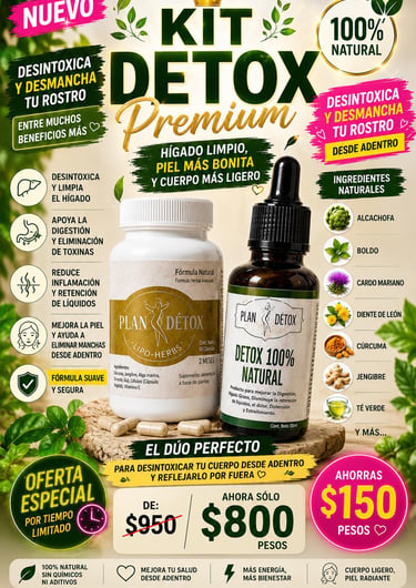 Kit Detox Premium supplements including capsules and liquid drops for liver detox and skin health with natural ingredients.