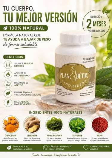 Plan Detox Lipo-Herbs natural weight loss supplement bottle with herbal ingredients like turmeric and green tea.