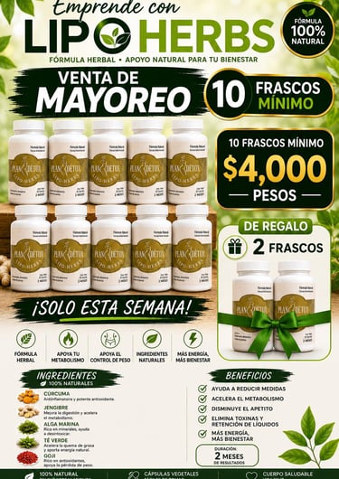 Suplemento alimenticio Lipo Herbs Plan Detox en frascos para control de peso y metabolismo saludable.