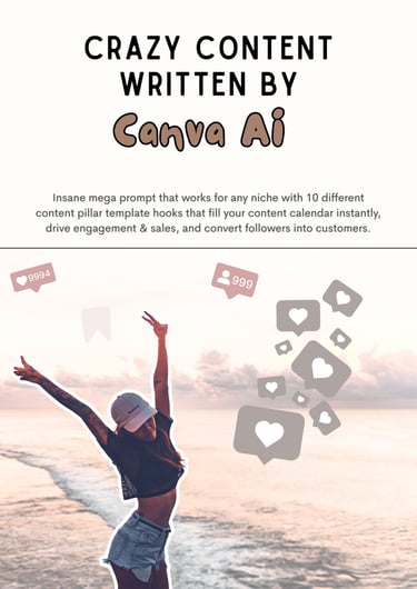 Promotional graphic for Canva AI content prompts featuring a woman on a beach with social media engagement icons.