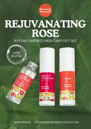 Leaf promotional graphic for the Rejuvenating Rose skincare gift set with three-step routine message