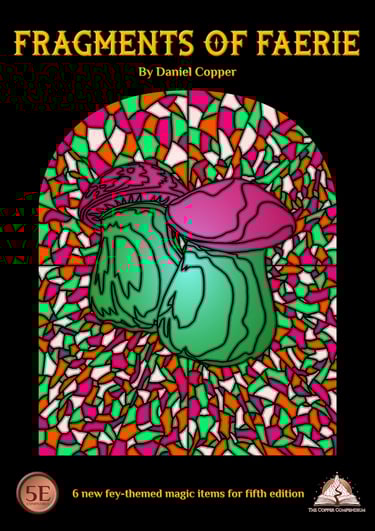 The cover of Fragments of Faerie, showing a stained glass effect with 2 mushrooms
