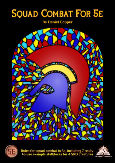 The cover of Squad Combat For 5e, showing a stained glass effect with a spartan helmet.