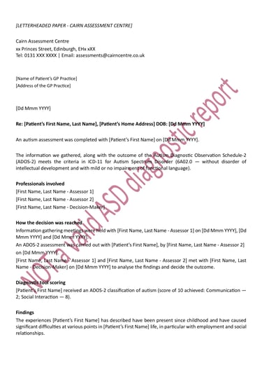 Redacted example of an illegitimate autism diagnostic report in Scotland - page 1 of 2.
