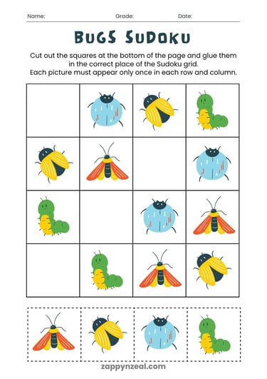 Bugs picture Sudoku Worksheet Printables zappynzeal.com