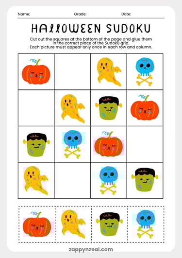 Halloween Sudoku Worksheet Printable zappynzeal.com