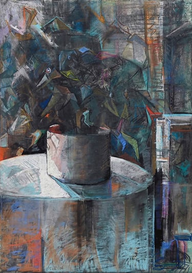 Maceta con hojas de eucalipto, pastel de Argi Girón. Still life eucaliptus pastel artist painter pot