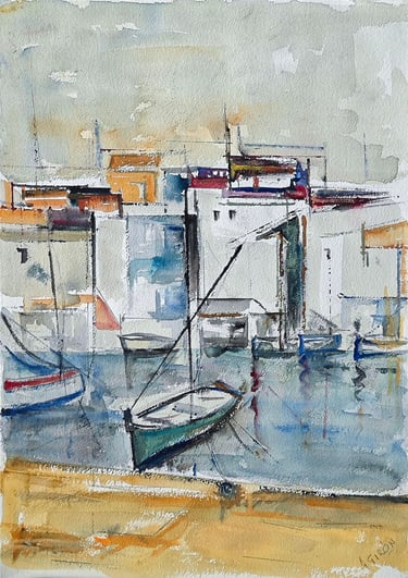 Reflejos, acuarela con barcas del artista pintor Argi Girón. Boats port watercolor artist painter