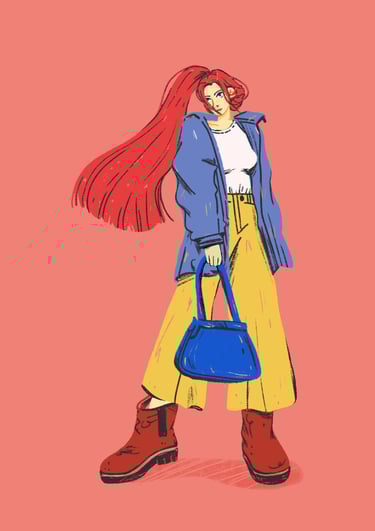 a woman with red hair wearing a blue jacket, yellow trousers, a blue purse and brown boots
