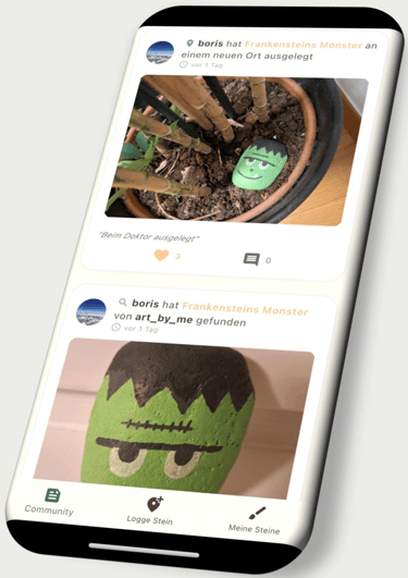 Ein Handybildschirm, der einen Beitrag über einen Wanderstein zeigt.