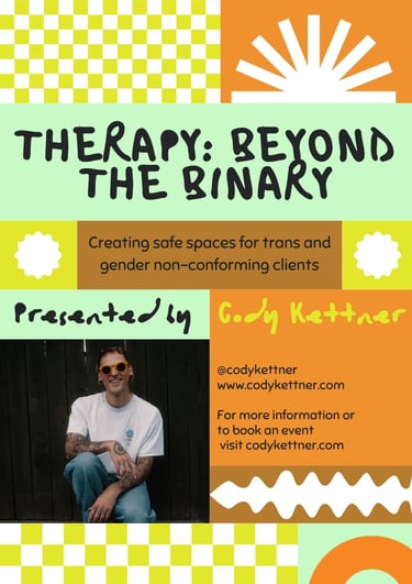 Flyer advertising Therapy: Beyond the Binary with neon coloured patterns and contact information