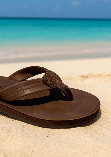 A pair of leather Rainbow Sandals resting on the sand of a Thai beach