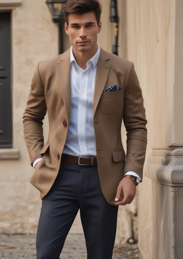 Minimalist men's jacket displayed on a wooden hanger against a neutral background.