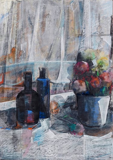 Naturaleza muerta, pastel del artista pintor Argi Girón. Still life bottles artist painter