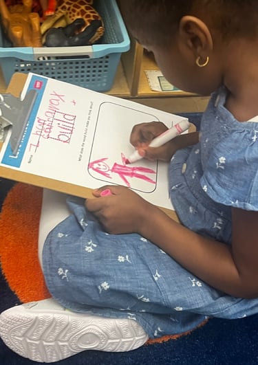 PreK students reflects on an OOPA worksheet.