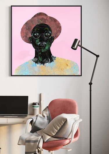 Black art print featuring abstract patterns in bold colors