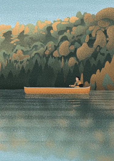 board game illustration of a woman in a canoe on the reflective waters of a lake