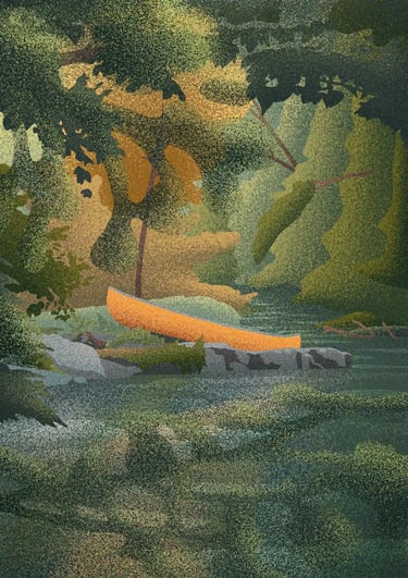 board game illustration of a canoe resting by a stream in a lush forest setting