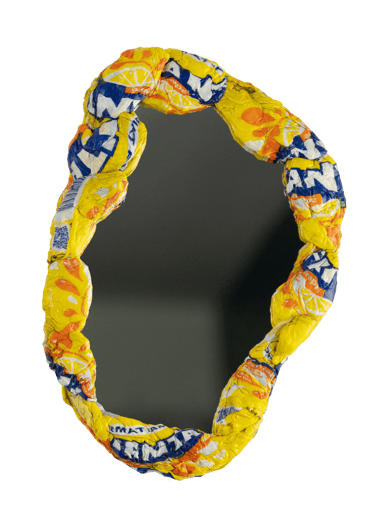 a mirror with a yellow and blue floral design