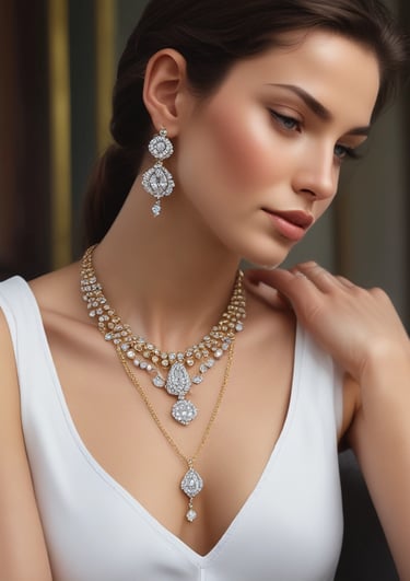 A set of jewelry items including large hoop earrings and a decorative ring are placed on top of a branded white box. The background features a dark-colored candle and some out-of-focus text, creating an elegant and sophisticated setting.
