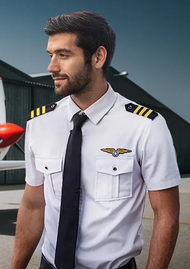 Commercial Pilot standing before pilot training school