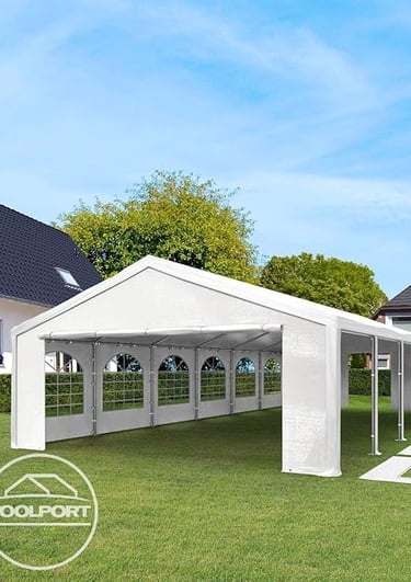 a white tent with a white canopy and a white tent