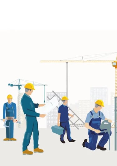 Illustration d’ouvriers du bâtiment travaillant sur un chantier avec grues et outils