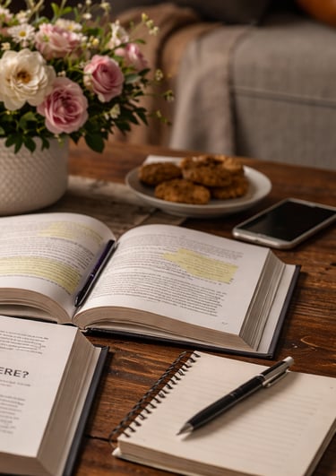 Open books on wood table with coffee, flowers, and cookies
