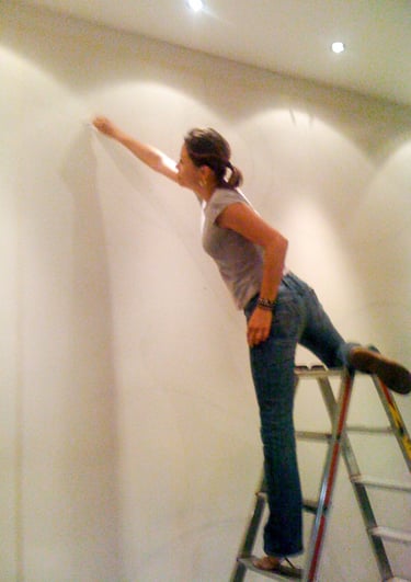 Stefanie on ladder sketching a mural.
