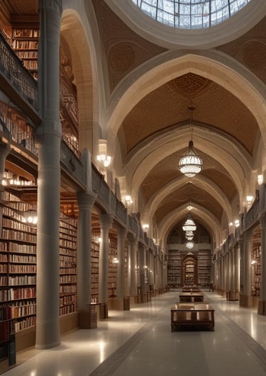 Two individuals are standing in front of two bookcases labeled 'Free Islamic Books.' The bookcases are filled with various books and pamphlets. The man is holding a book, and there is a carpet on the floor.